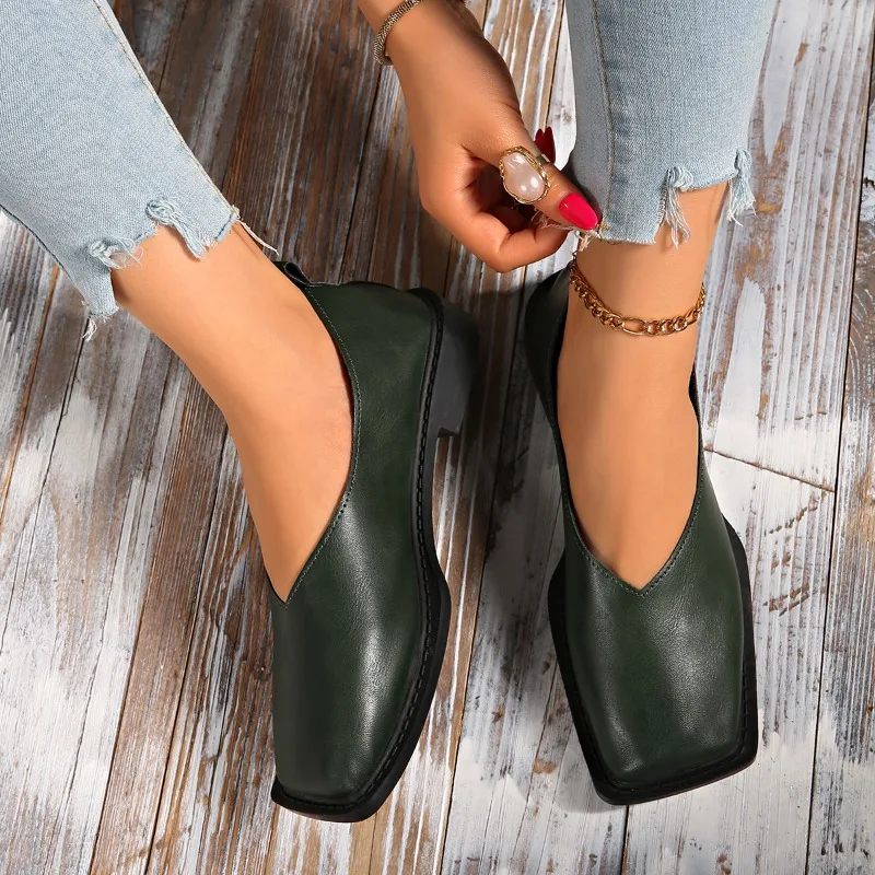 レトロなスクエアトゥの女性用フラットシューズ、浅めのスリッポン、上品なPUレザーフラットシューズ、女性用シンプルカジュアル秋用シングルシューズ