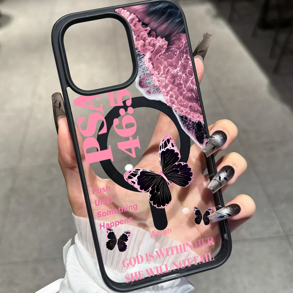 Funda protectora magnética transparente de estilo ins con ola rosa y mariposa, eslogan inspirador, compatible con iPhone 11-17 Pro/Pro Max/Plus/Air y Samsung S23/S24/S25 Plus/Ultra, carga inalámbrica magnética fuerte, universal para accesorios magnéticos 4