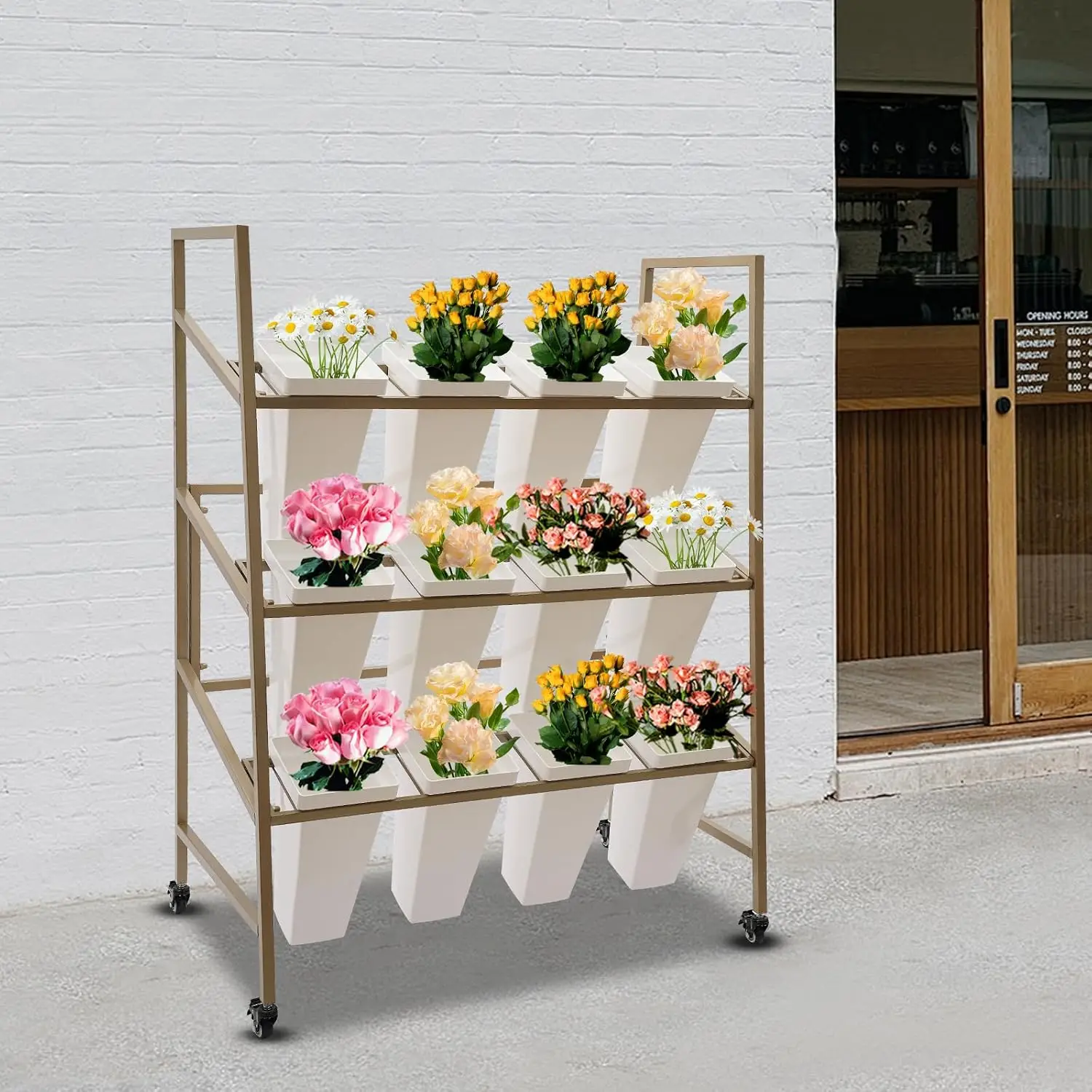 Three Tier Metal Flower Display Stand With Twelve Buckets Mobile Plant Shelf With Lockable Wheels Modern Indoor Outdoor Flower Pot Rack For Florist Wedding Home Decor Gold And White