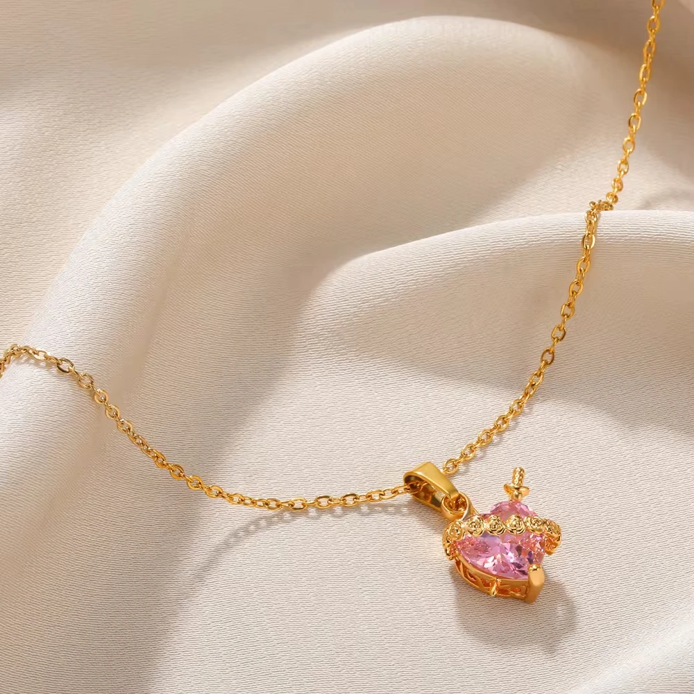 Pink Heart Zircon Necklace Gold Color Stainless Steel Cupid Eros Arrow Heart Pendant Necklace Korean Fashion Jewelry Party view 5