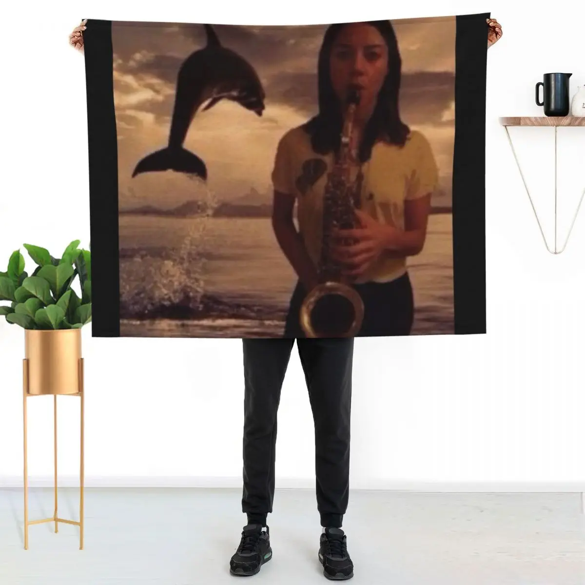 Aubrey plaza with saxophone and dolphin Throw Blanket Plush Fuzzy Cozy Blanket for Couch Sofa
