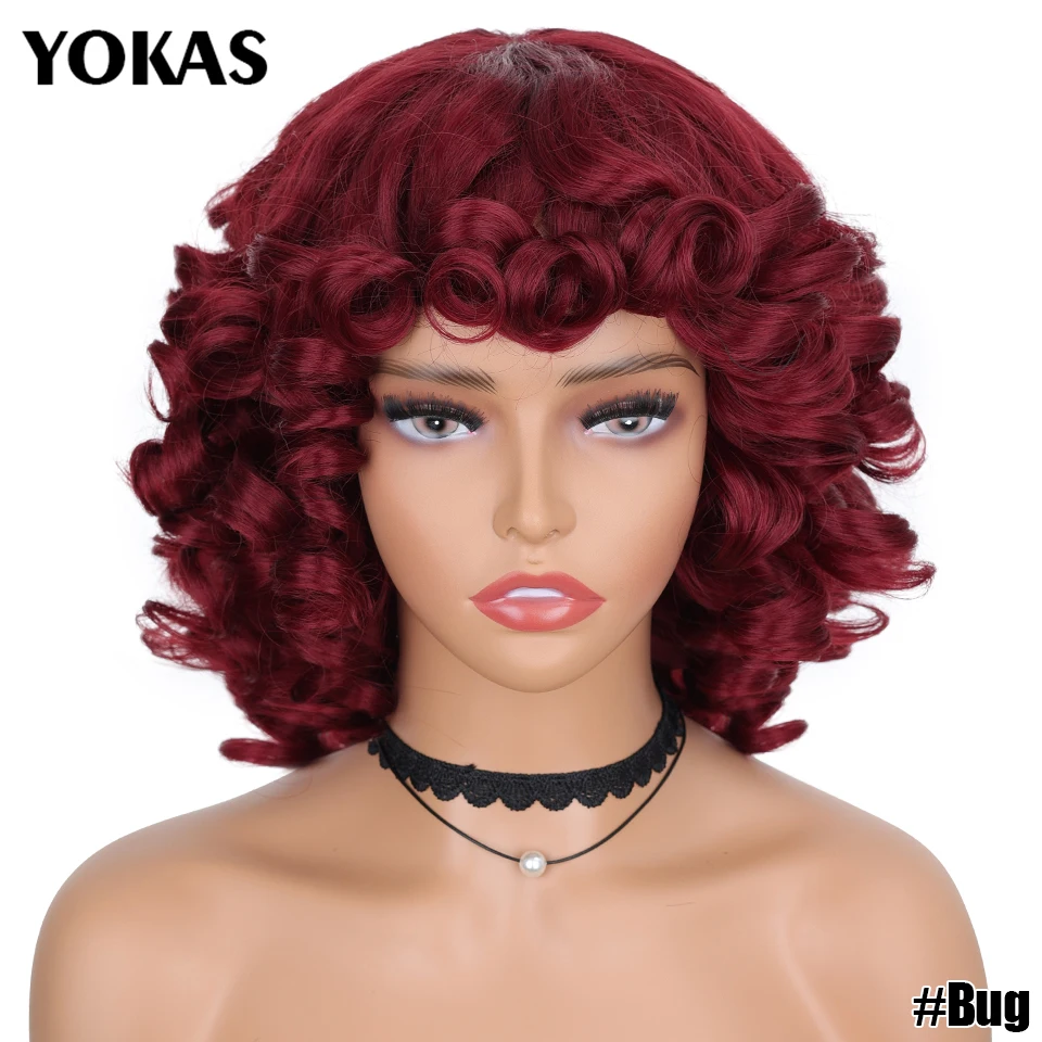 Kurze Haare Afro Verworrene Lockige Perücken Synthetische Mit Pony Für Schwarze Frauen Flauschige Afrikanische Ombre Cosplay Natürliche Braune Perücken Afro YOKAS – Detail 10