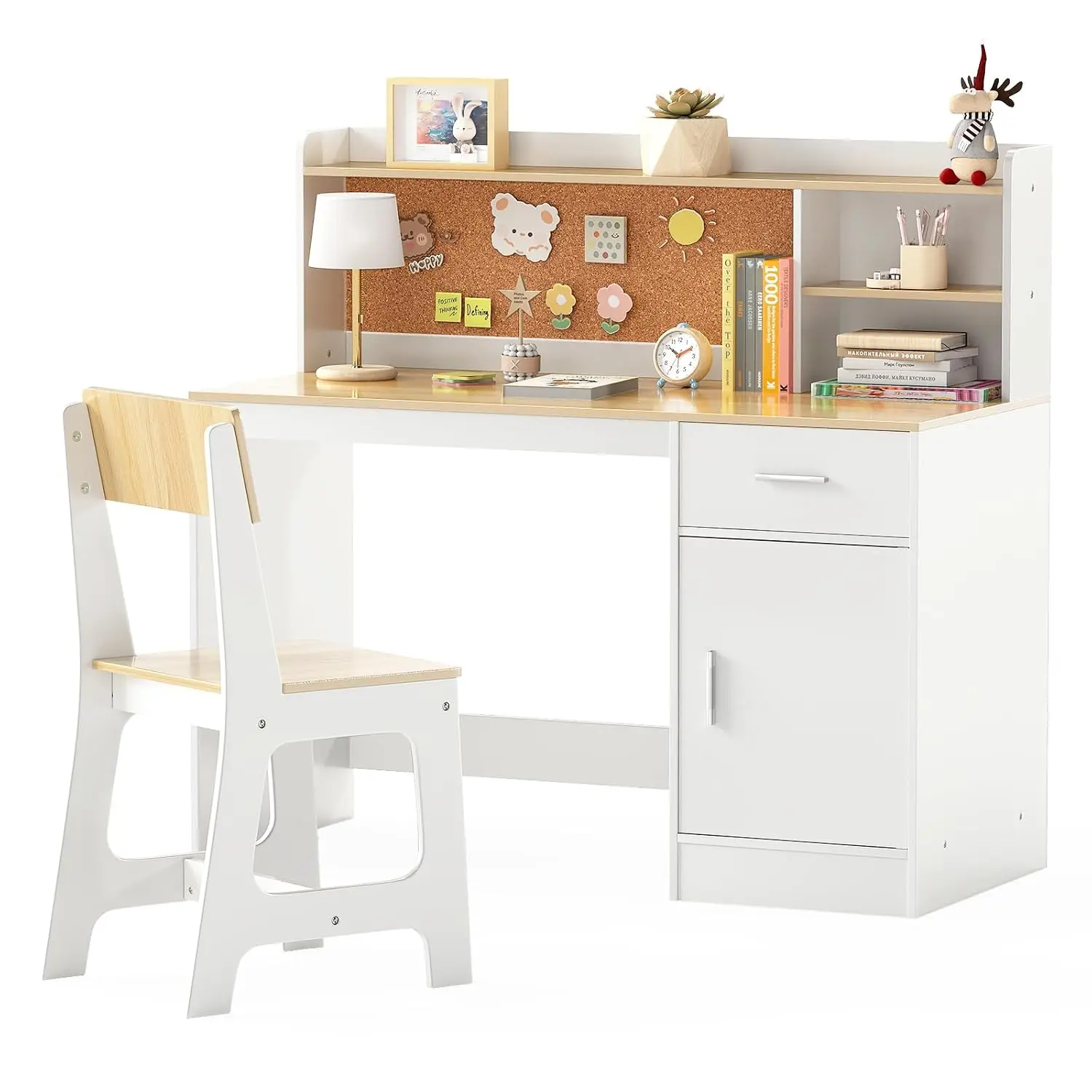Kids Study Desk & Chair Set Wooden Table w/Drawer Hutch Storage Shelves Student Writing Workstation Bedroom 3+ Years, Customized