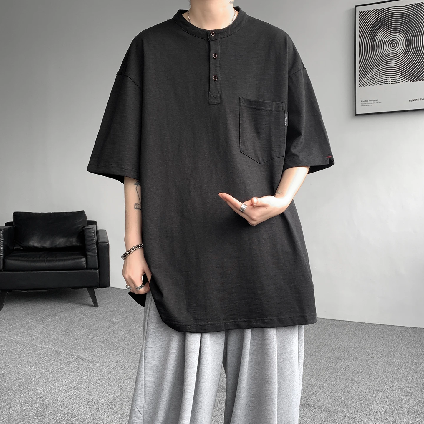 Summer Men's Henry Collar Linen Short-Sleeved T-Shirt- Stretch Large Size Loose Half-Sleeve Hem