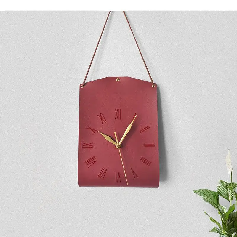 Minimalism PU Leather Tote Bag Shape Wall Clocks Silent Sweep Needle Clock Living Room Background Decorative Wall-mounted