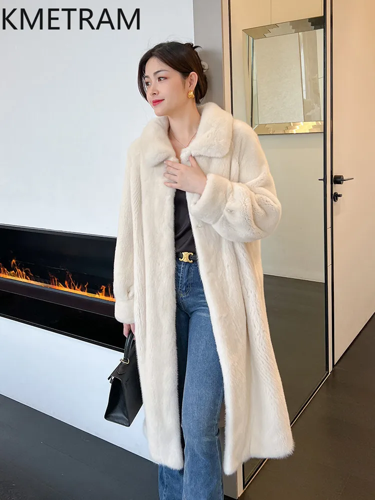 KMETRAM 100%天然ミンク毛皮ジャケット 女性用 最高品質 ラペル付き ロングリアルミンクファーコート 冬用婦人服 2026 шуба