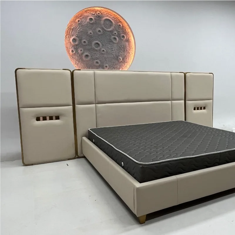 غرفة نوم رئيسية، تصميم عصري وبسيط، سرير مزدوج، حقيبة ناعمة، سرير فني من الجلد #3