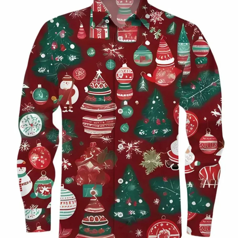 Kemeja Natal Ukuran Besar Pria 2025 Motif Kartun Kucing Lengan Panjang Kancing Depan Kemeja Pesta Natal yang Menyenangkan Pengiriman Cepat