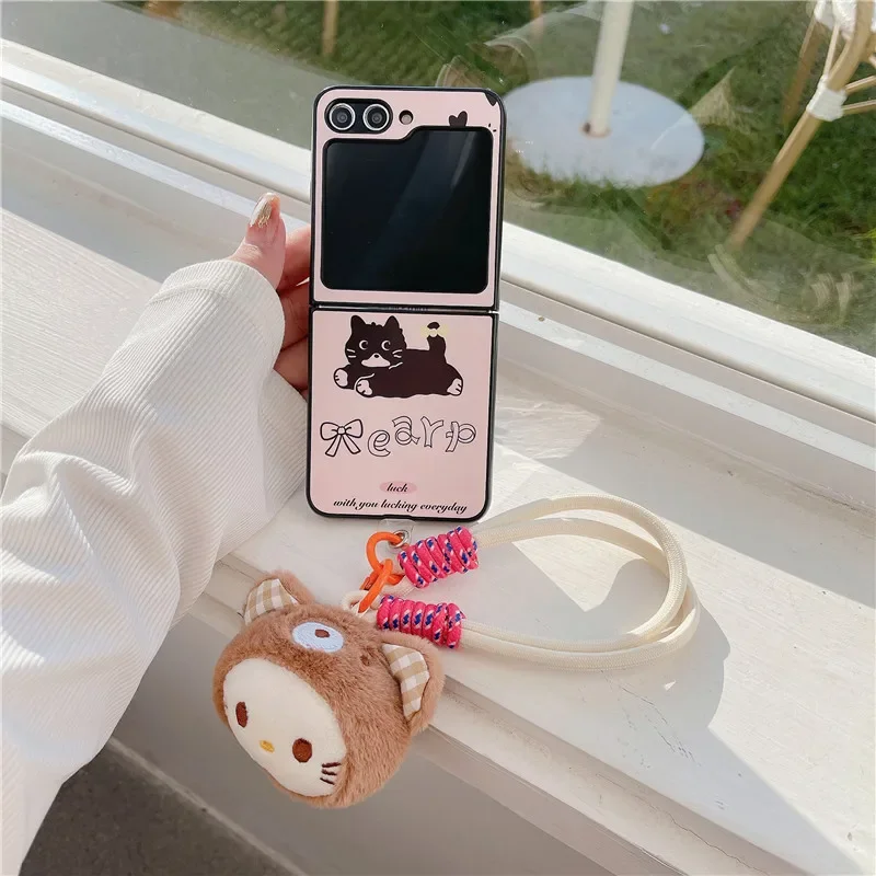 For Samsung Galaxy Z Flip 3 4 5 Phone Case Cartoon Black Cat Lanyard Matte Acrylic Shockproof Back Cover