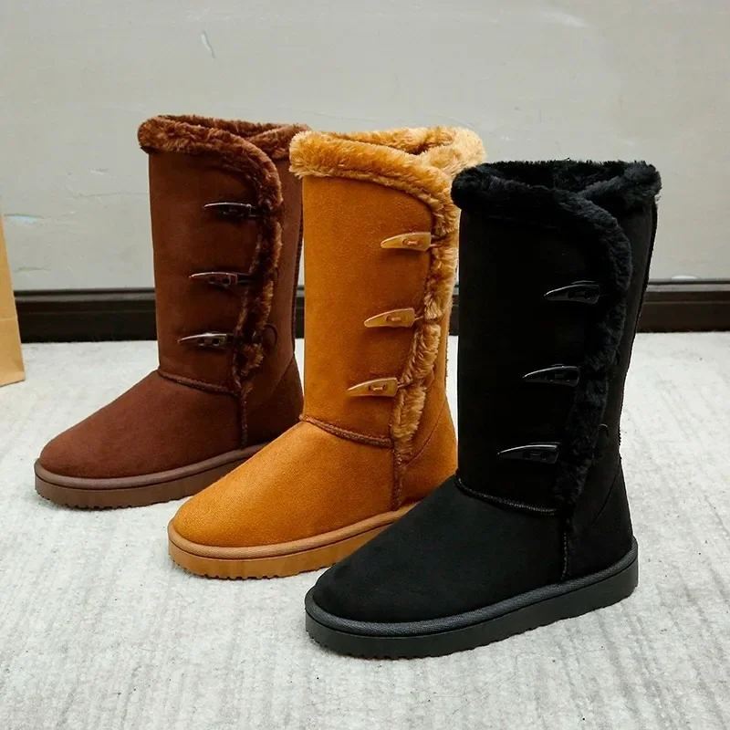 

Thick Sole Women Fluffy Plush Suede Snow Boots Horn Buckle Velvet Warm Flat Bottom Boots Non-slip Platform Boots Botas De Mujer