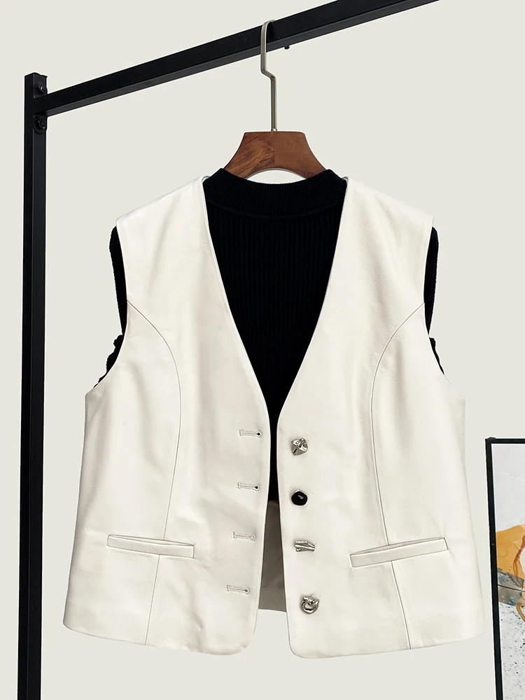 2025 Spring New High Quality Genuine Real Leather Vest Women's Fashion All-Match Short Loose Outerwear Cover-up