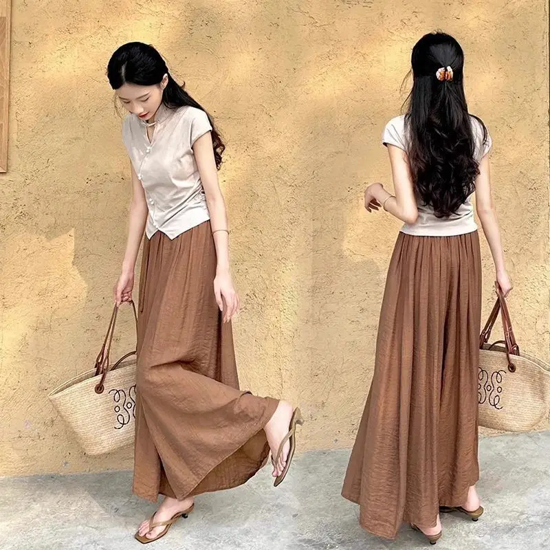 

Новый летний повседневный комплект из двух предметов, женская модная китайская тонкая рубашка с короткими рукавами и широкими брюками с эластичной резинкой на талии