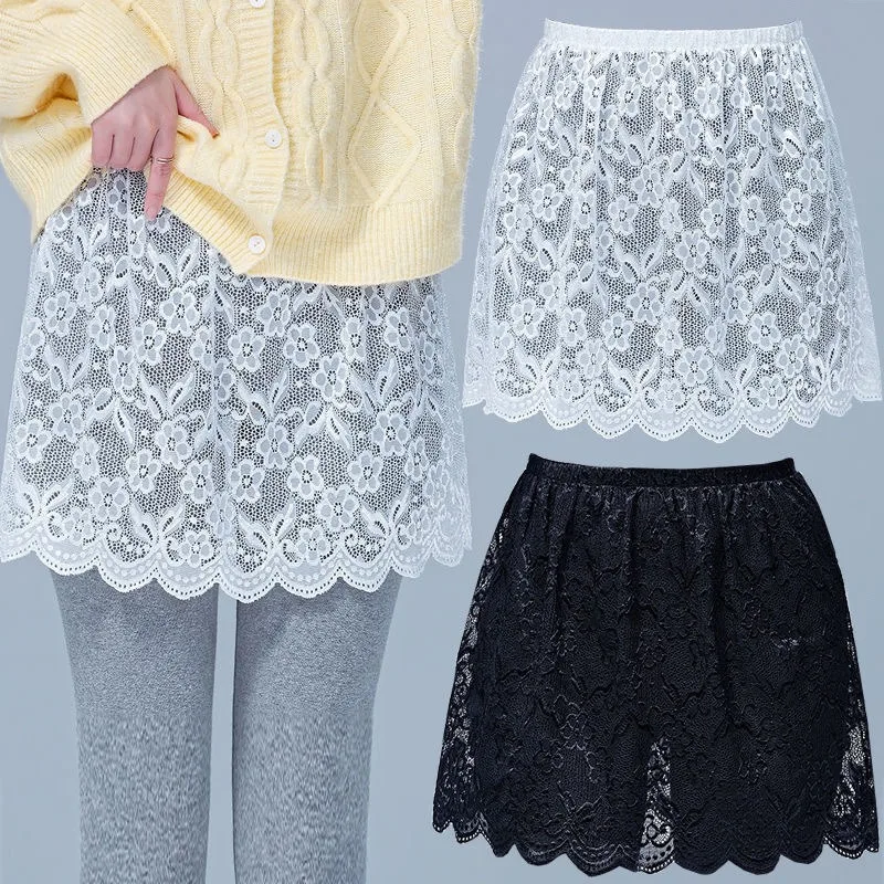 Women Elegant Floral Lace Shirt Extender Adjustable Layered Faux Top Hem Ladies Elastic Black/White Hollow Out Mini Underskirt