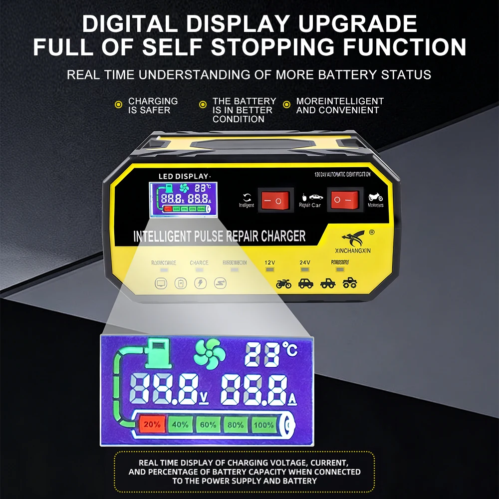 Automatic Switch Car Battery Chargers 24V/12V 8A Storage Cell Charging Device Intelligent Pulse Repair Multi Protection 220W