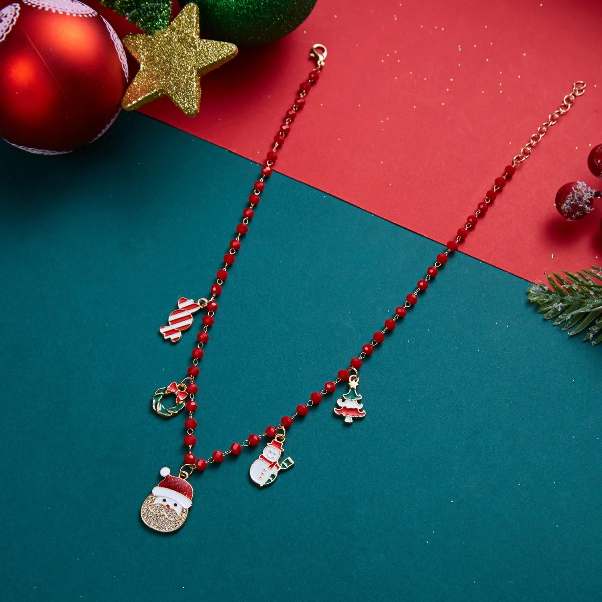 Weihnachtsbaum, Schneemann, Weihnachtsmann, Kranz, rote Kristall-Halskette für Damen und Herren, Weihnachten, Schneeflocken, Glocken, Hirsch, Halsband, Neujahrsschmuck – Detail 22