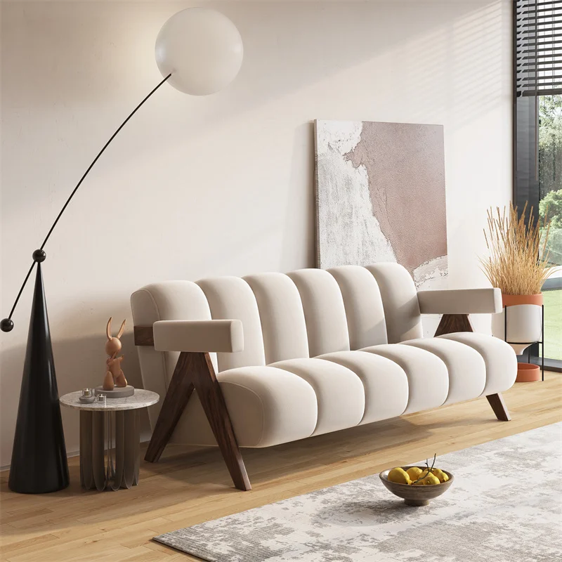 

Ji Jifeng fabric sofa Small apartment living room solid wood designer lambswool three-person sofa is modern and simple.