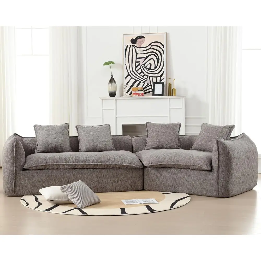 Gebogenes Bouclé-Sofa, Cloud-Sectional mit tiefen Sitzen und 4 Kissen – graue Wohnzimmermöbel