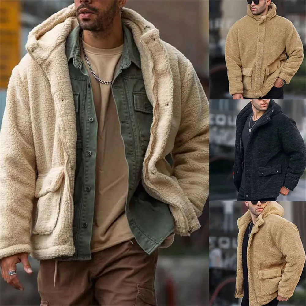 Winter Fleece Zipper Sweater Hooded Plus Size 3XL Fluffy Coat Men Sherpa Fleece Jacket Warm Streetwear