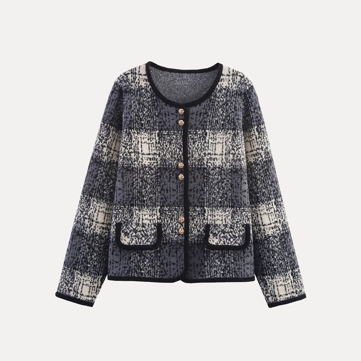 

Women's Autumn 2025 Plaid Color Blo Knitted Long Sve Sweater Coat Double Bule European Sle Long Sve Outerwear