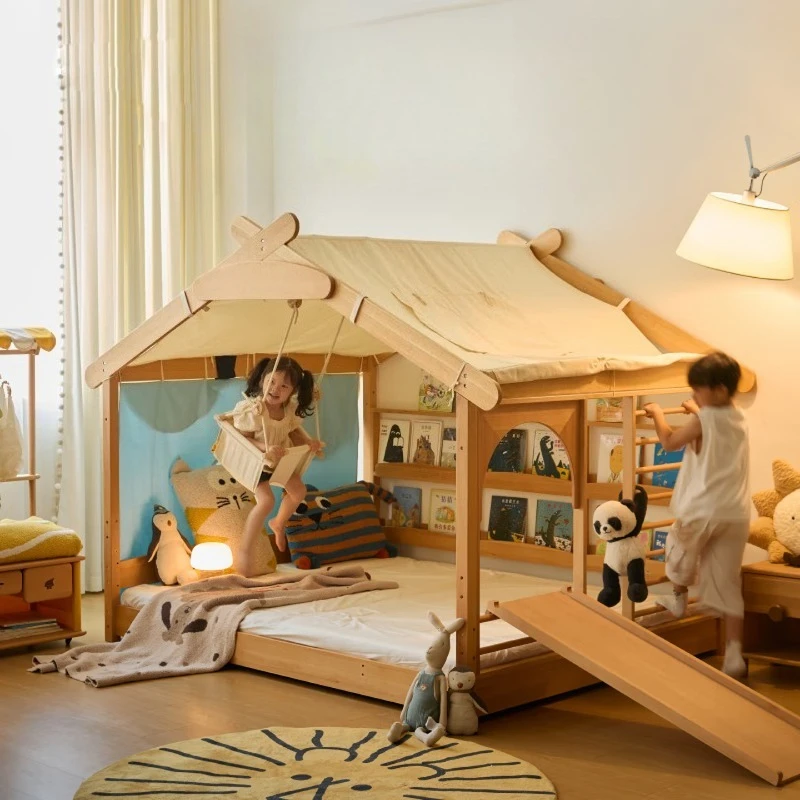Solid wood children's bed 1.5m boy tree house bed girl tatami, play mode B: slide + climbing ladder, slide reverse climbing