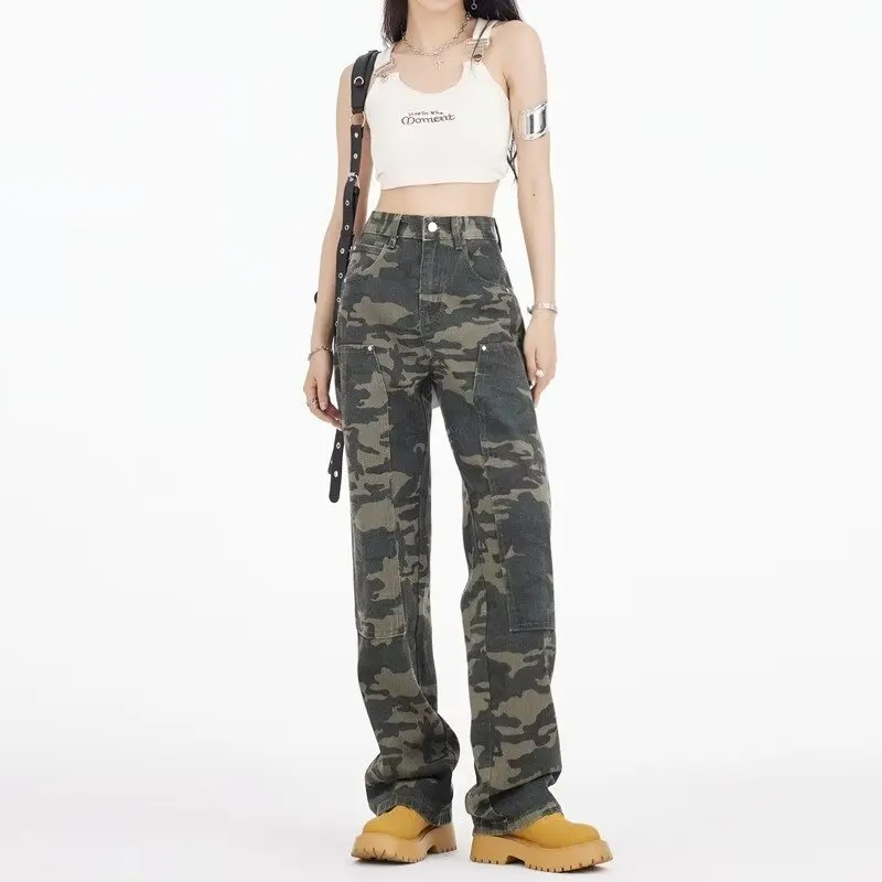 

Camouflage Jeans High Street Women Y2K Streetwear Low Rise Jeans Retro Wide Leg Trousers Denim Slim Straight Trousers Harajuku