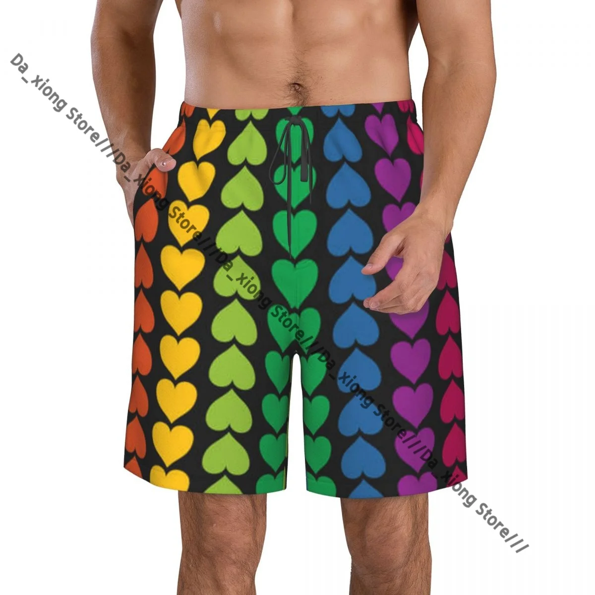 Men Beach Short Quick-drying Swimming Trunk Rainbow Hearts Swimwear Swimsuit Bathing Shorts