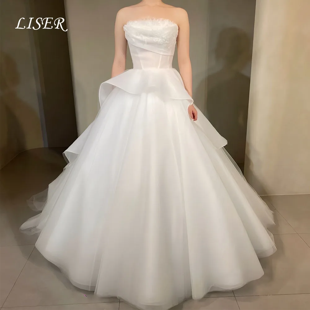 Liser Strapless A-Line Simple Korea Wedding Dresses Silk Organza Customized Photo Shoot Elegant Fluffy Bridal Gowns 웨딩드레스