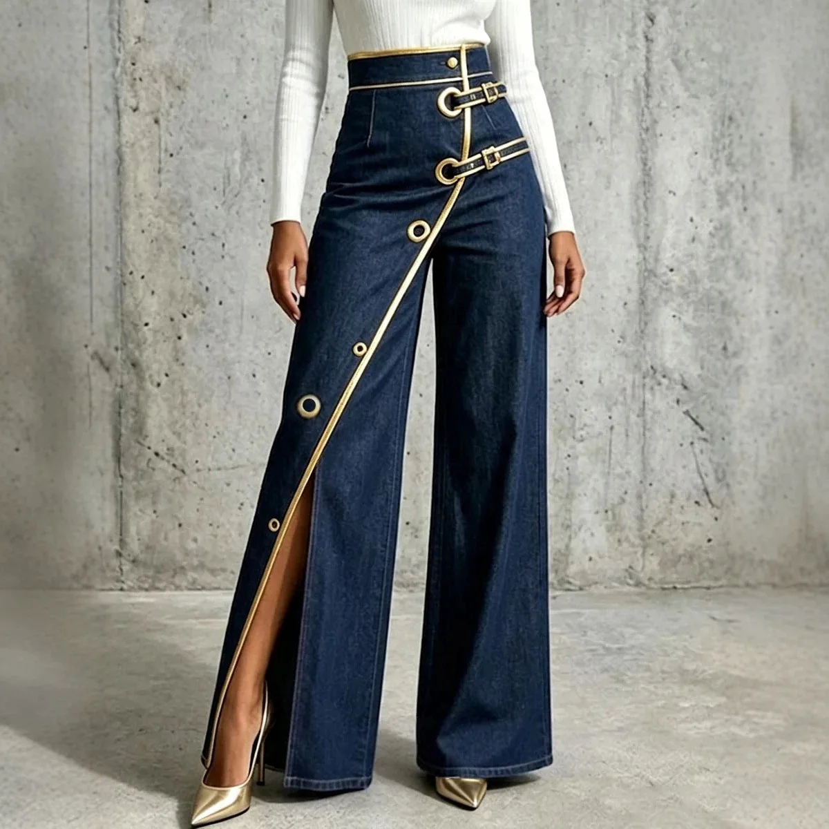 Women High Waist Split Wide Leg Jeans Gold Trim Buckle Eyelet Decor Denim Pants Vintage Slit Flared Trousers Denim Bottoms