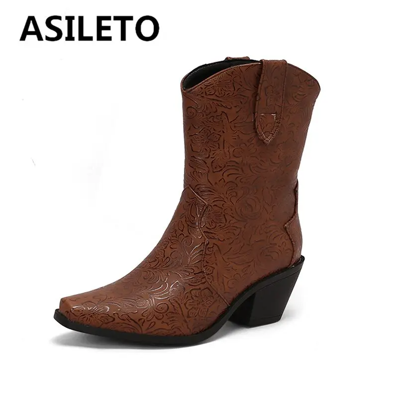 

ASILETO 2025 New Women Ankle Boots Square Toe Block Heels 6cm Slip On Plus Size 43 44 45 46 Leisure Fashion Western Bota