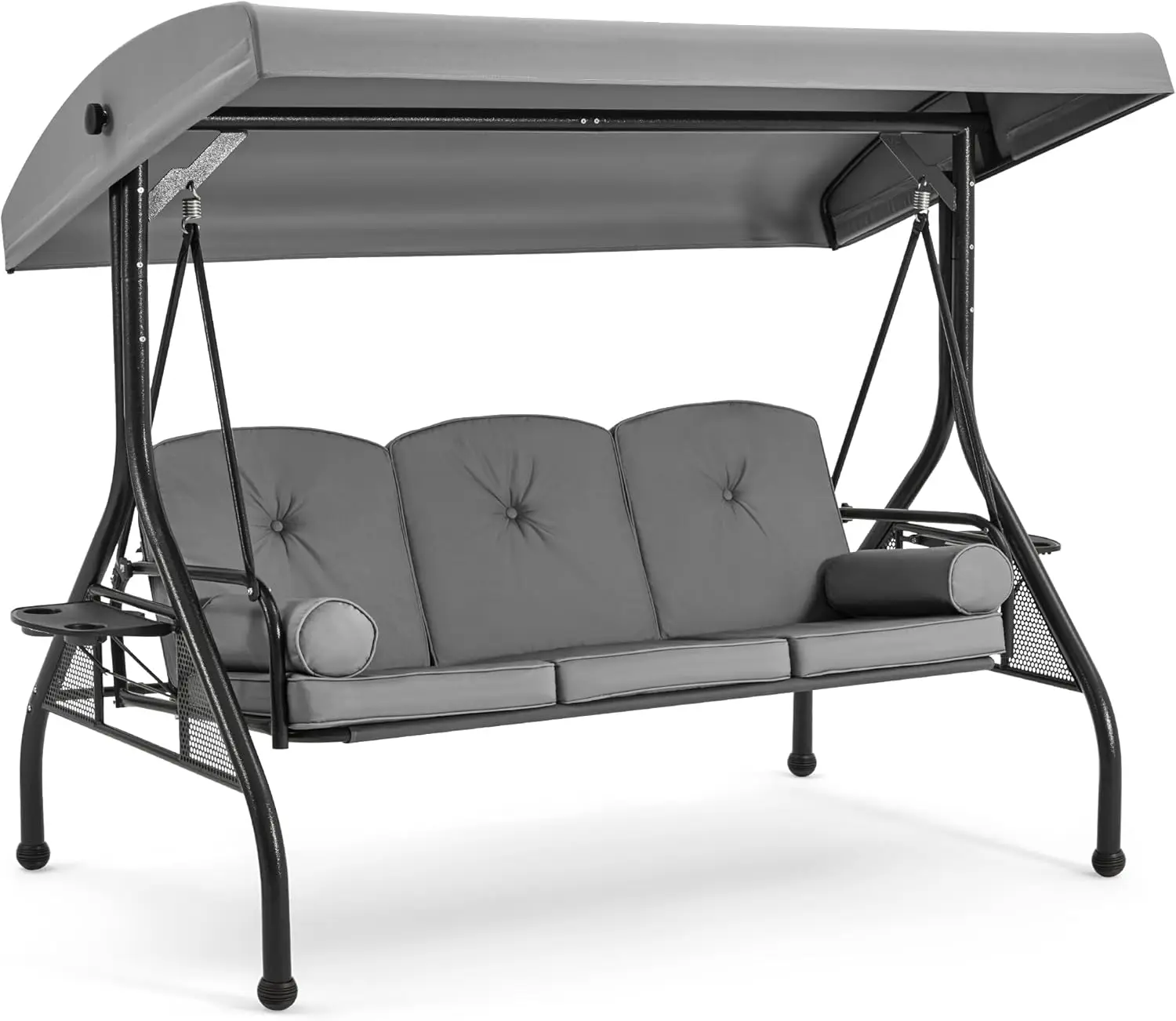 

HOMREST 3 Seat Outdoor Porch Swing with 1.5" Deep Cup Holder, Adjustable Canopy,Patio Swing Bed with Stand, Patio Glider Swing w