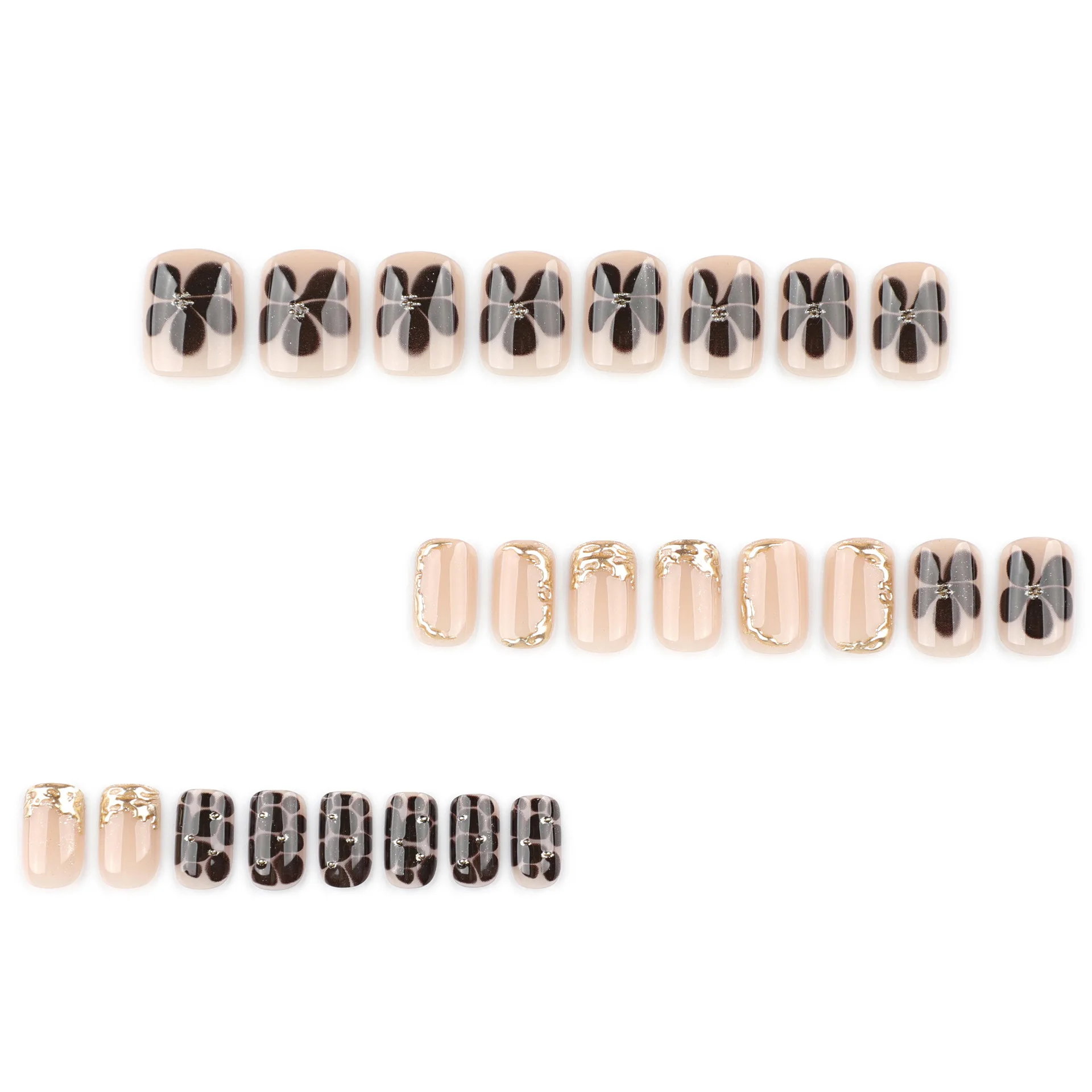 

24pcs Press on Nails 3D Short Square Brown Petal Flower Full Coverage Nail for Women&Girl Removable Wearable False Nail