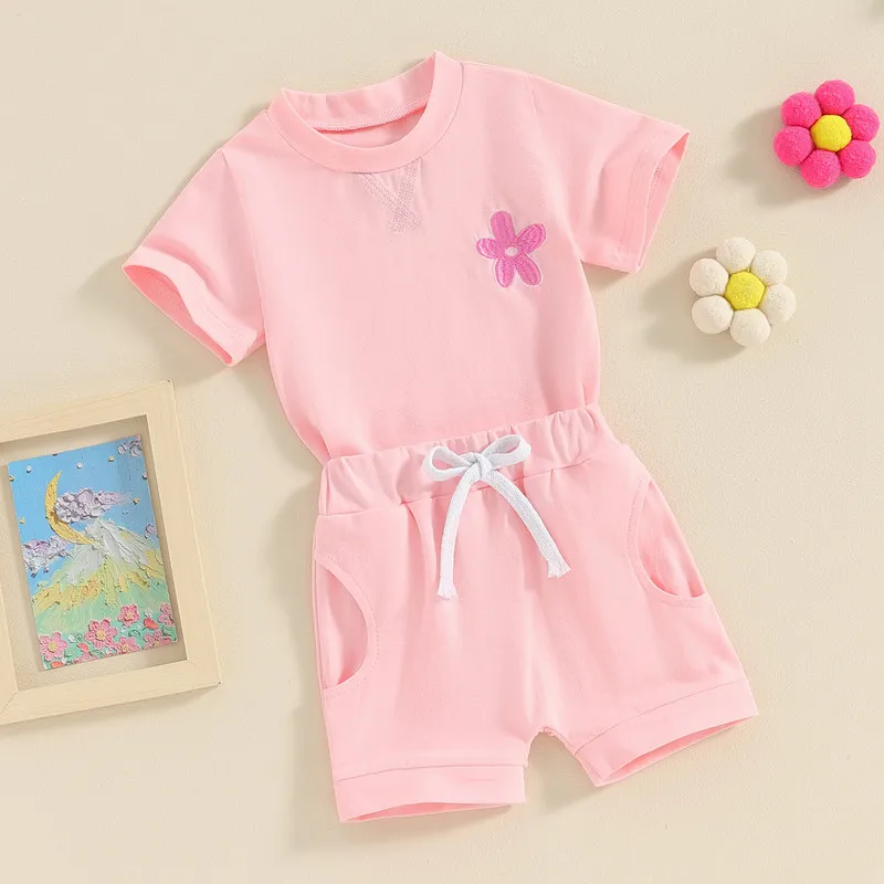 

Toddler Girl Summer Outfit Flower Embroidered Crew Neck Short Sleeve T-Shirts Tops and Shorts 2Pcs Clothes Set