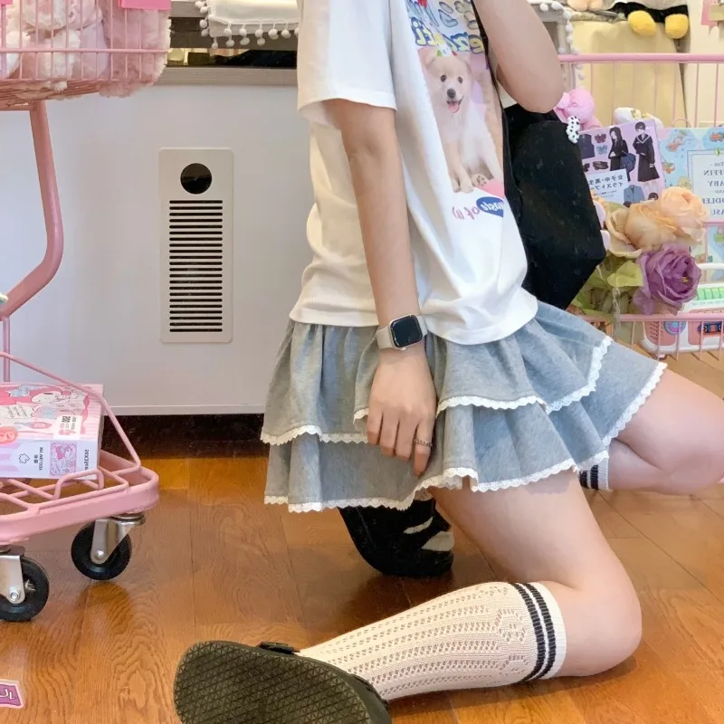 HOUZHOU-Falda corta Kawaii para mujer, minifalda japonesa de encaje de retales con cordones, cintura elástica, línea A, volantes, Lolita, Harajuku