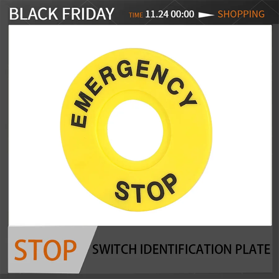 Emergency stop button yellow warning circle, circular emergency stop switch signboard, STOP prompt plate, 16/22mm aperture