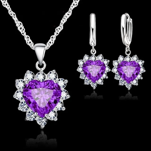 New Trendy 925 Sterling Silver Jewelry Set for Women Heart CZ Stone Charm Pendants Necklaces Earrings LOVE Anniversary Gifts