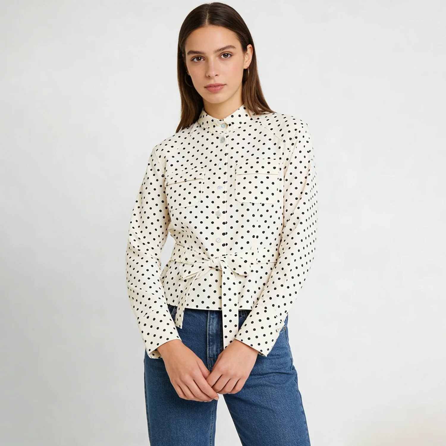 Nova Women's Polka Dot Shirt with Waist Tie, Stand Collar Button Down Blouse for Casual Daily Wear