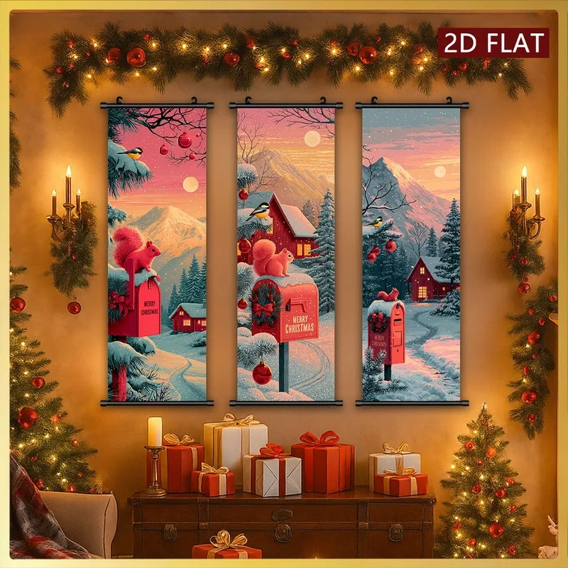 VIKAMA Christmas 3-Piece Hanging Banner Set, Colorful Vintage Christmas Scene Wall Scroll for Xmas Home Party Decor