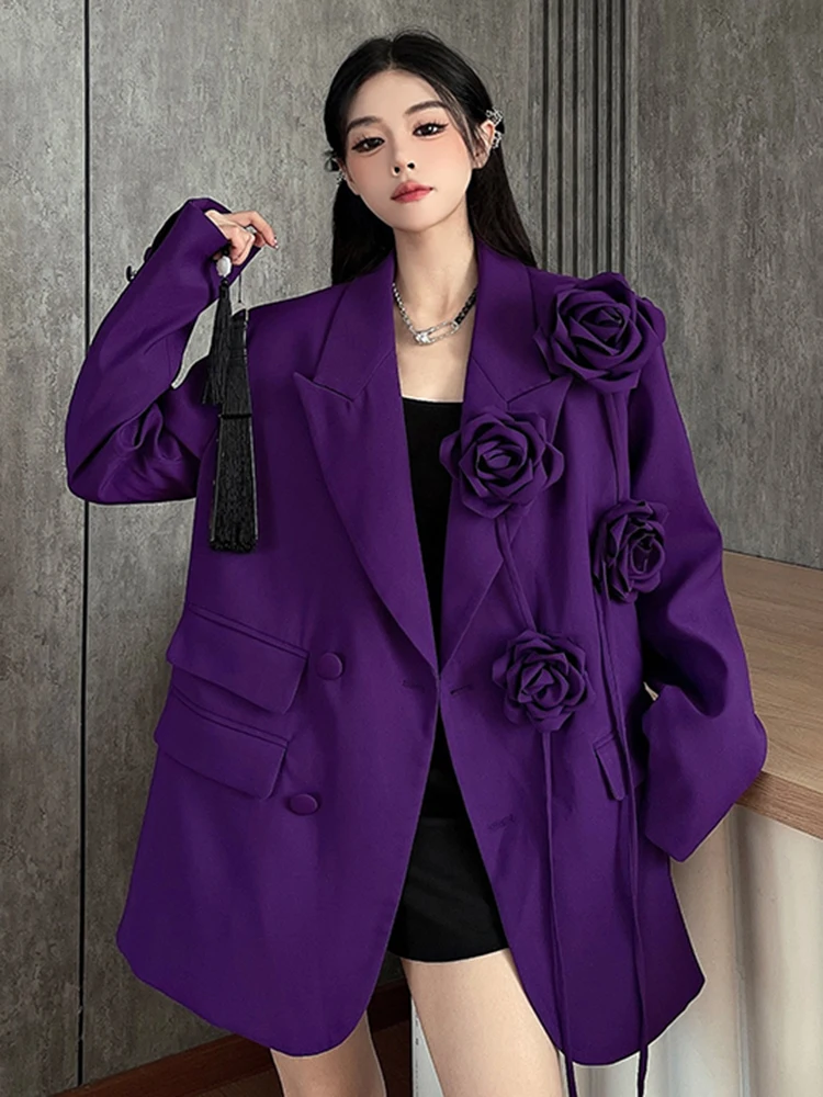 YERMORA Purple Flower Temperament Blazer For Women Lapel Long Sleeve Fashion Tide Big Size Jacket Spring Autumn 2024 New