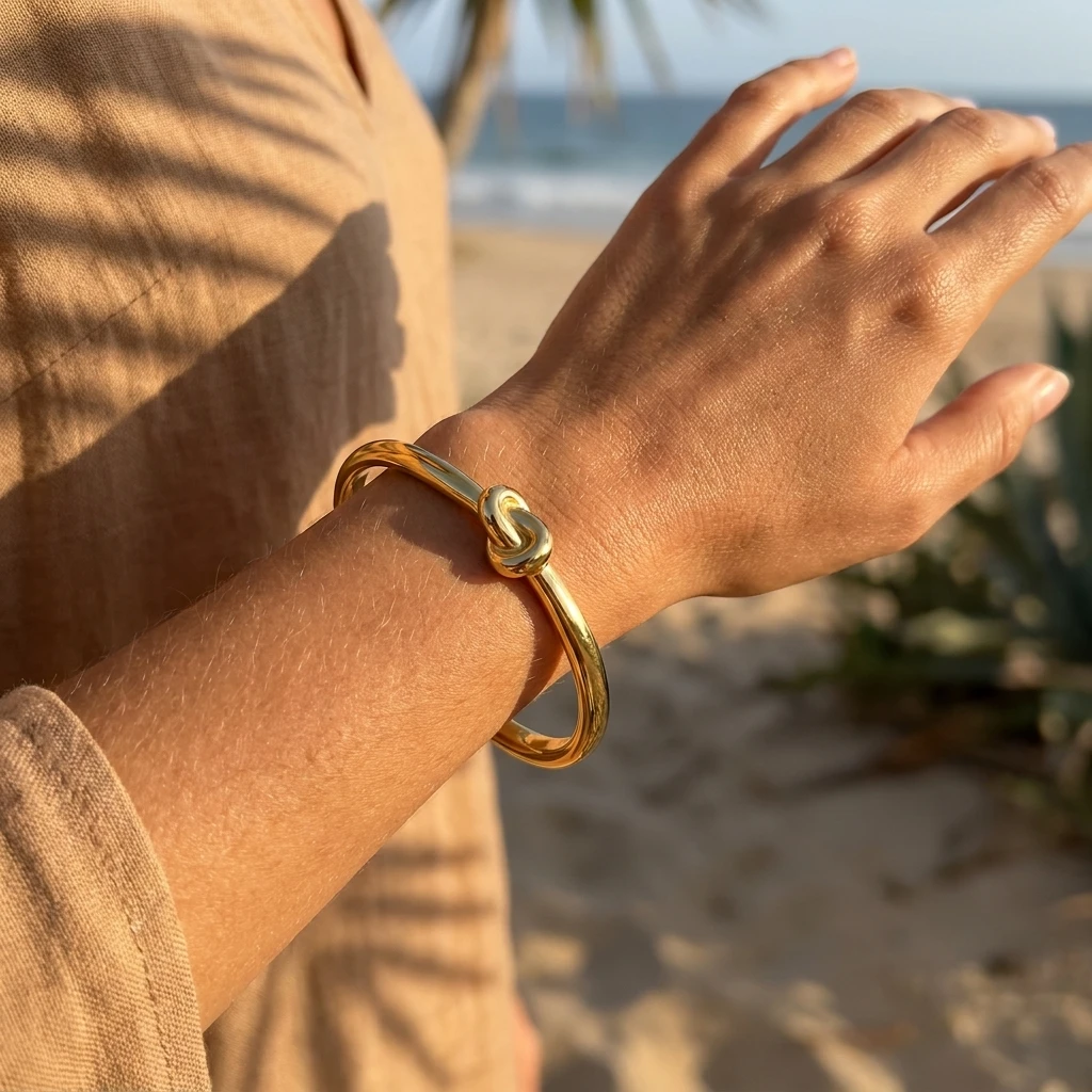 Stilvoller Eleganter Minimalistischer Glatter Bogenförmiger Goldener Knoten Edelstahl-Armreif für Frauen Moderner Gedrehter Seil-Armreif Schmuckgeschenk