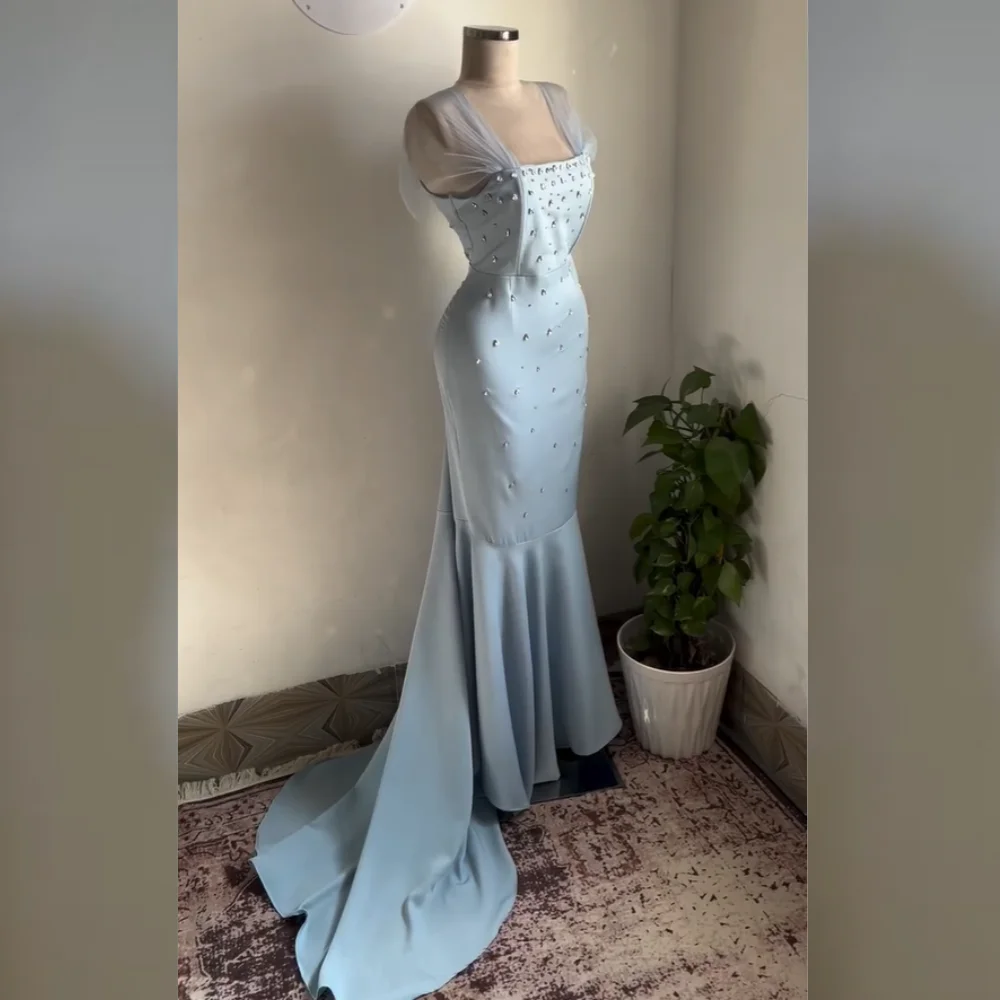 

Customized Chinese Style Sequined Pleat Pattern Trumpet Square Neck Long Dresses Bespoke Occasion Quinceanera Formal