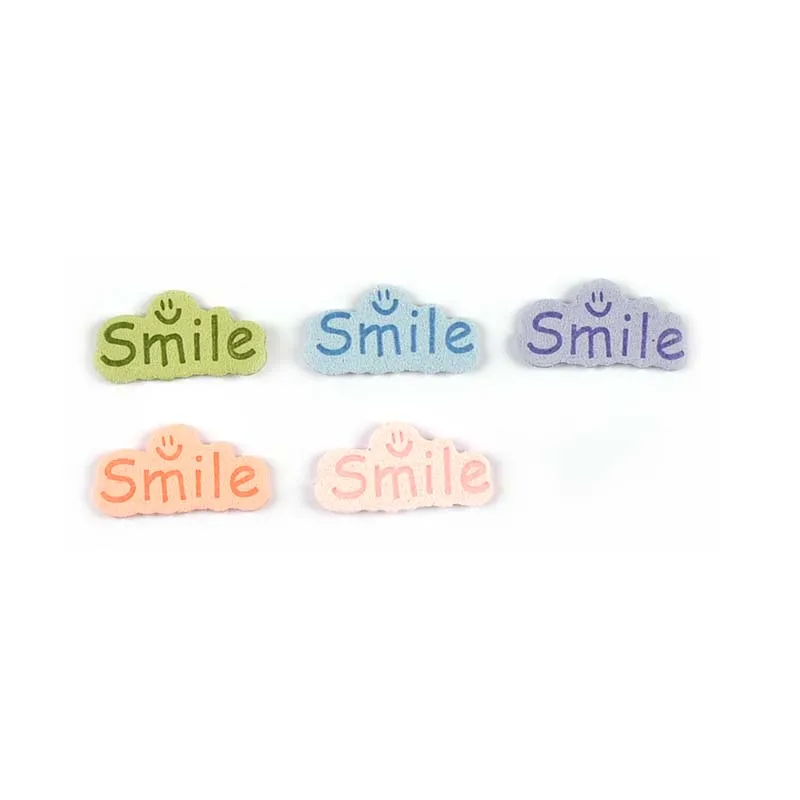 30pcs 14.5x29mm Smile Letter Embossed Leather Labels For Clothes Sewing Accessories DIY Bag Kid Garment Craft Handmade Tag C3707