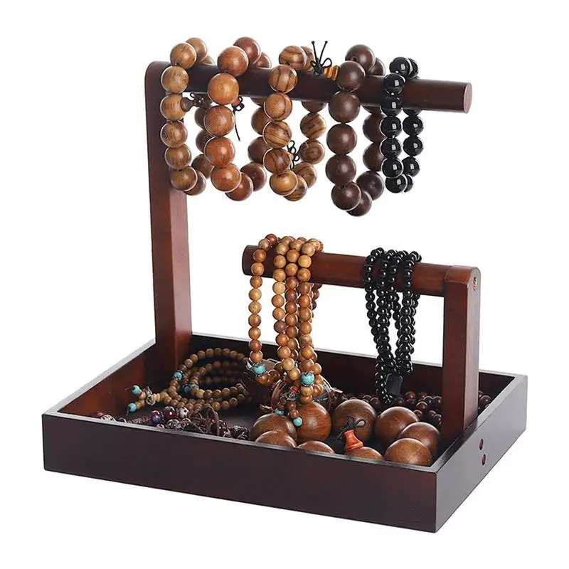 Jewelry Display Stand 2 Tier Wooden Jewelry Display Stand Multi-Functional Bracelet Stand Necklace Key Rings Organizer with Tray