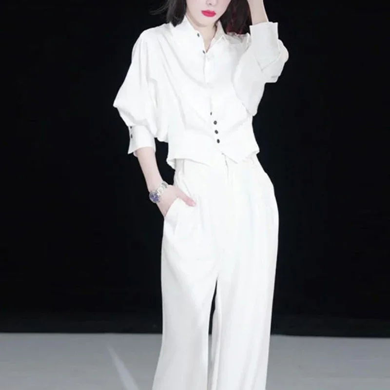 Elegant Fashion Long Sleeve Waist White Shirt Wide Leg Pants Two Pieces Set Women Temperament Blouse Trousers Suit XT533