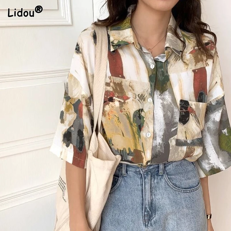 Korean Thin Summer 2023 Women\'s Clothing Fashion Casual Loose Printing Button Short Sleeve Blouses Turn-down Collar Straight