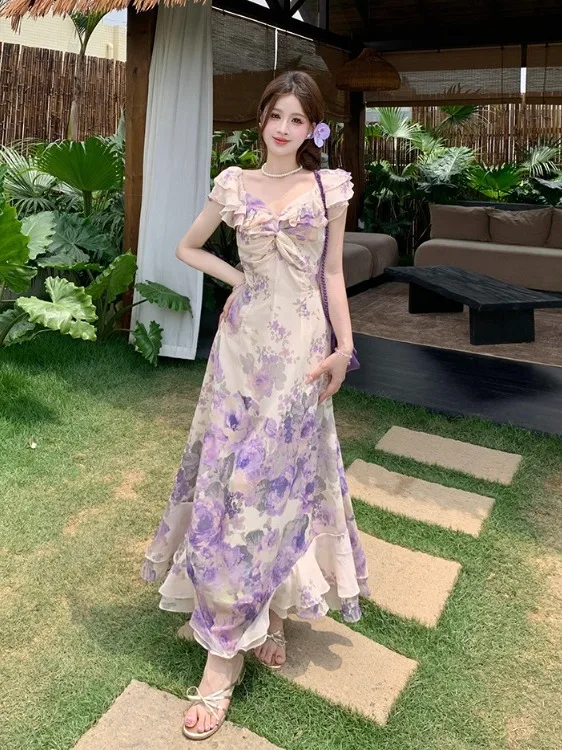 Grande taille été nouveau vent doux flocon de neige imprimé Dr femmes pause thé Dr dissimuler viande minceur a-ligne longue Dr