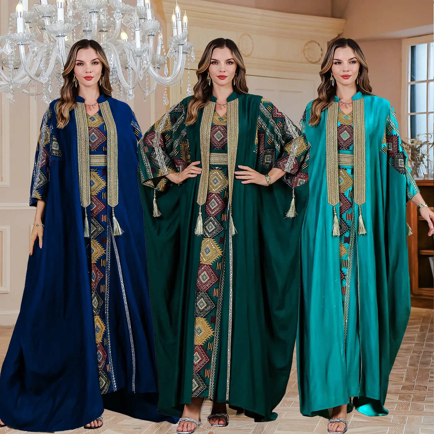 Ramadan Muslim Women Kimono Cardigan Maxi Dress Matching Set Embroidery Jalabiya Dubai Open Abaya Turkey Kaftan Eid Morocco Robe