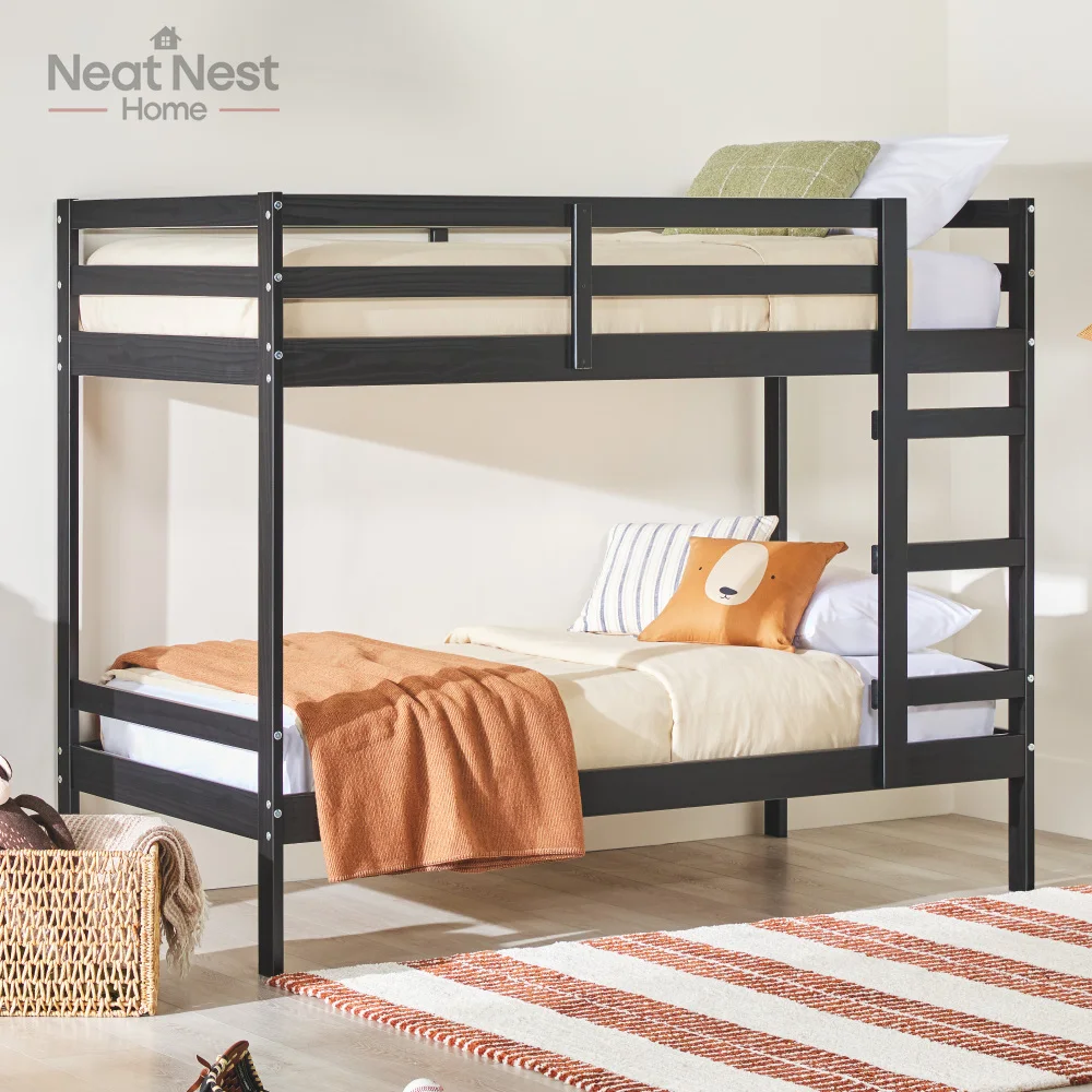 

kids bed frames, Modern Simple Solid Wood Twin Over Twin Bunk Bed, Children's bedroom, sturdy wood construction, Black betten