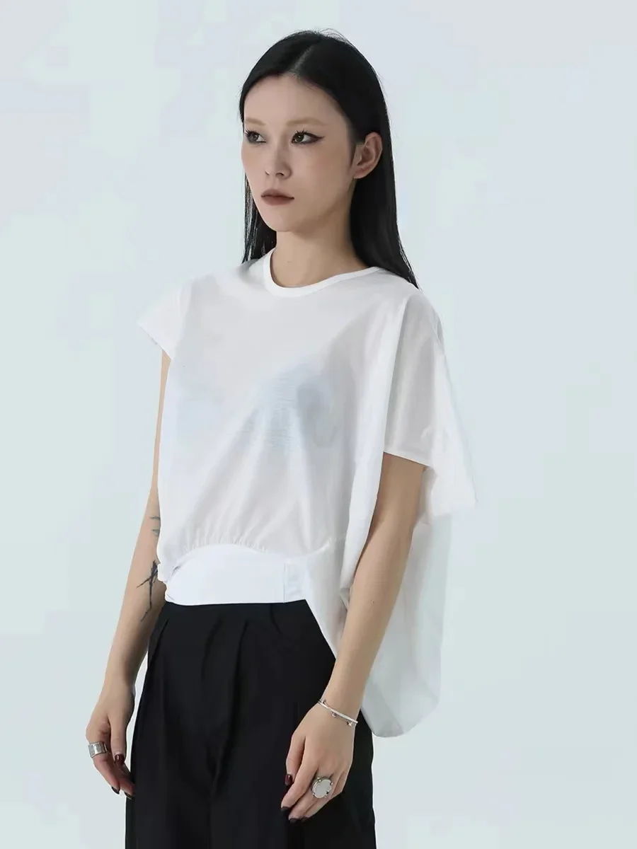 Cakucool Summer Women Solid White Loose Irregular Designer Blouse Simple Brief Asymmetric Sleeves Short Sleeved Short T-shirt