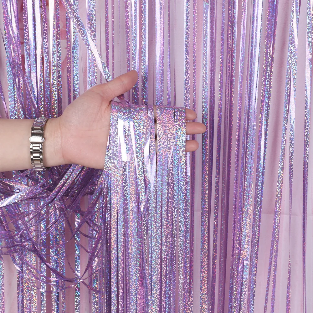 สีฟ้า 2M * 1M เลเซอร์ Tinsel ฟอยล์ผ้าม่านแช่แข็ง Party Supplies วันเกิดตกแต่งผู้ใหญ่เด็กสาวเพศเปิดเผยงานแต่งงาน Decor