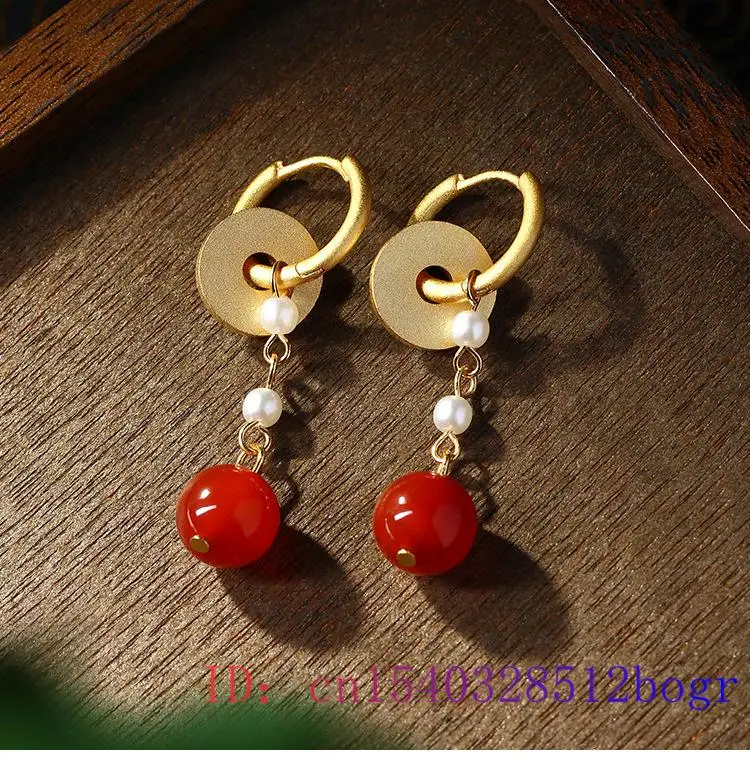 Red Real Jade Bead Earrings Women Natural Jewelry 18K Gold Plated Accessories Fashion Gemstone Gifts Designer Flower Carved